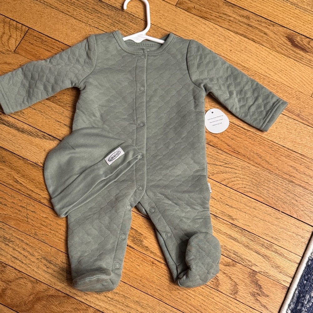 Classic Quilted Sage Baby One-Piece with Hat